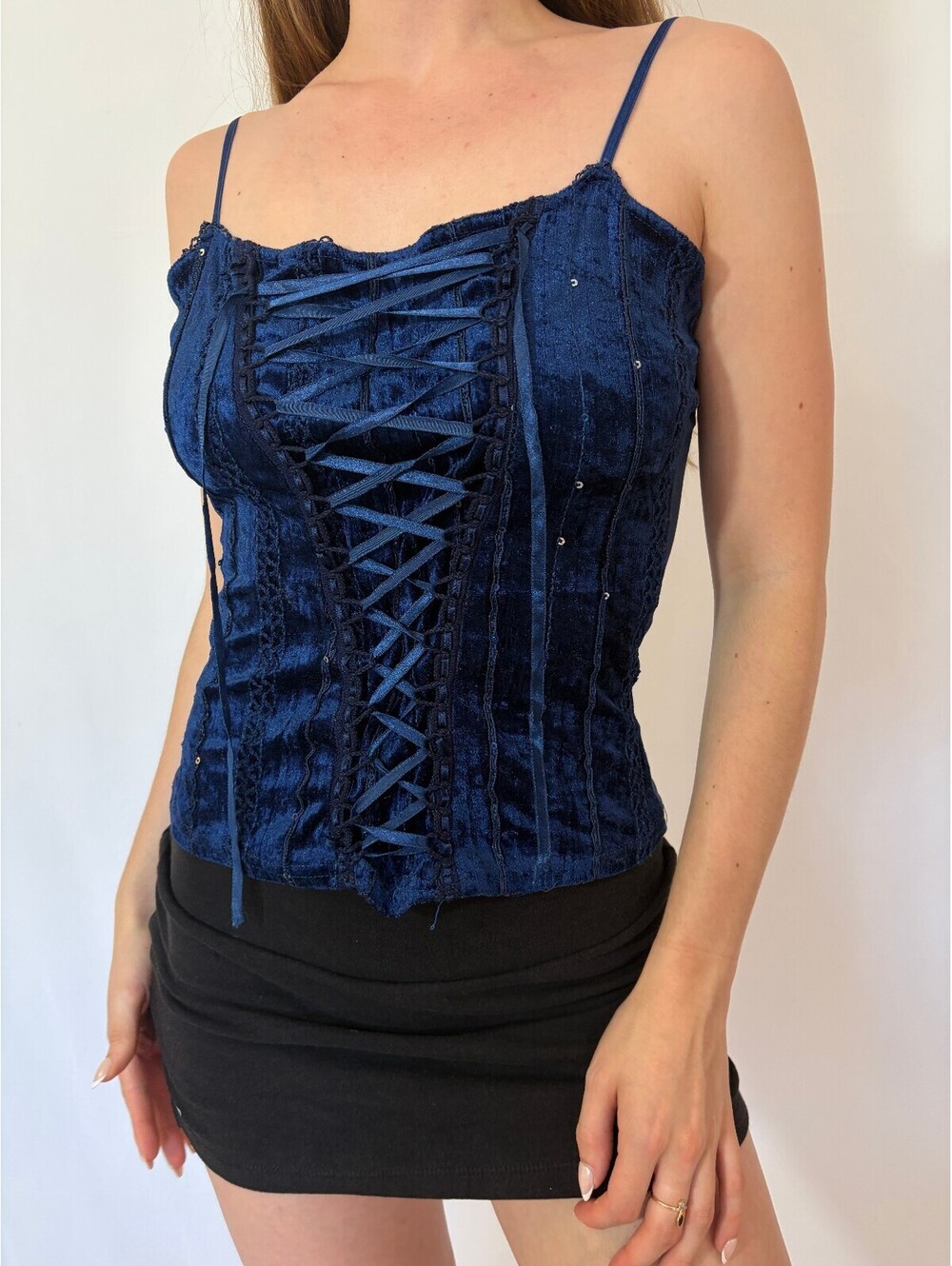 Blue Velvet Lace Up Corset Y2k Cami